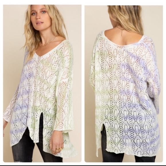 POL Favorite Lilac And Green Grapes Multi Dip Open Weave Tunic Top Side Splits - Picture 1 of 7